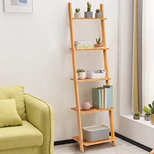 Tangkula Bamboo 5-Tier Ladder Shelf Bookshelf, Wall-Leaning Bookshelf, Plant Flower Stand, Storage Display Shelves for Living Room Bathroom Office, Multifunctional Ladder Bookcase (Natural) - size: 17" x 14" x 65" (L x W x H)