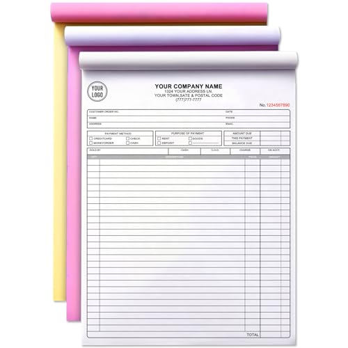 Custom Invoice Book with Logo 50 Set Personalized Receipt Books Customized Invoices for Small Business 3 - Parts Carbonless Duplicate Invoice Forms NCR Books - size: 8.5" x 11", style: 3-part invoice
