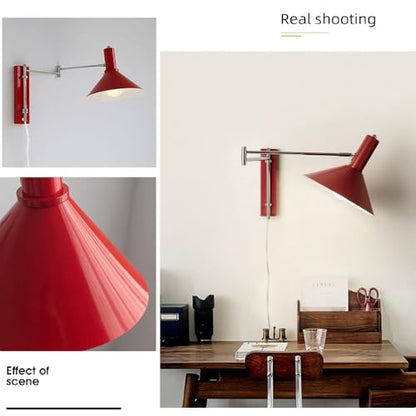 Red Industrial Plug in Wall Sconce - Swing Arm Wall Lamp with On/Off Switch, Adjustable Angle, E27 Socket, Metal Wall Light for Bedside Reading, Desk, Office, Hallway Lighting