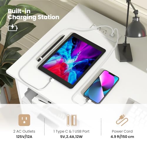 Tangkula White Desk with 3 Drawers & Charge Station, Home Office Desk with Open Shelf, Study Writing Desk, PC Desk Computer Workstation, Modern Computer Desk for Bedroom, Study - size: 42.5" x 19"