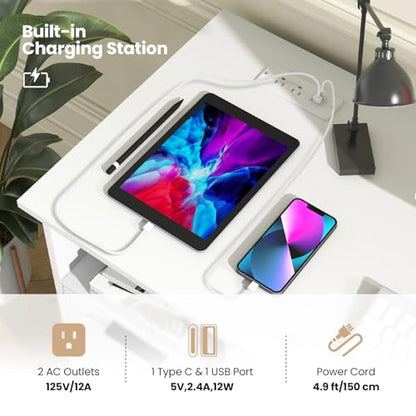 Tangkula White Desk with 3 Drawers & Charge Station, Home Office Desk with Open Shelf, Study Writing Desk, PC Desk Computer Workstation, Modern Computer Desk for Bedroom, Study - size: 42.5" x 19"