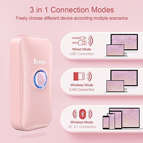 Eyoyo Portable Mini 1D Bluetooth Barcode Scanner Wireless, Pink | 3-in-1 Bluetooth&USB Wired&2.4G Wireless, UPC Bar Code Reader Scanning, Work with Windows, Android, iOS, Tablets or Computers - color: Pink