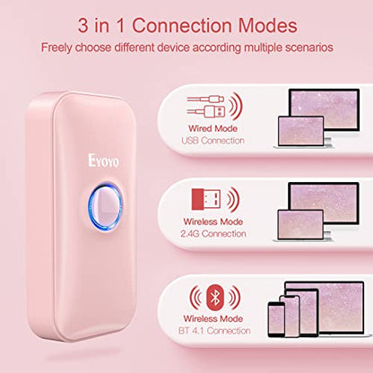 Eyoyo Portable Mini 1D Bluetooth Barcode Scanner Wireless, Pink | 3-in-1 Bluetooth&USB Wired&2.4G Wireless, UPC Bar Code Reader Scanning, Work with Windows, Android, iOS, Tablets or Computers - color: Pink