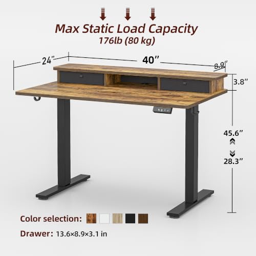 TIQLAB 40 * 24 inch Standing Desk with Two Drawers&Top Shelf, Rustic Brown | Smooth Height Adjustment, 2 Memory Presets, One-Touch Control, Stable Steel Frame, 176 lbs Capacity, Easy Assembly - color: Rustic Brown, size: 40*24 inch without keyboard tray