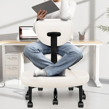 Criss Cross Office Chair - ADHD Cross Legged Chair with Wheels - Adjustable Height Ergonomic Kneeling Desk Chairs for Meditation Yoga Home Office with Backrest, 360°Rotating Footrest -White