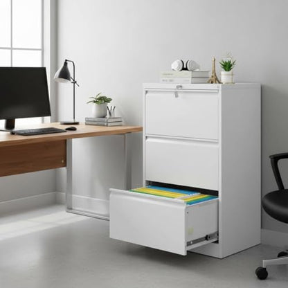 Garvee 3 Drawer Lateral File Cabinet, Heavy Duty Metal Filing Cabinet | White File Cabinet with Lock for Home Office, for Legal/Letter/f4/a4 Hanging Files with Business Card Holder