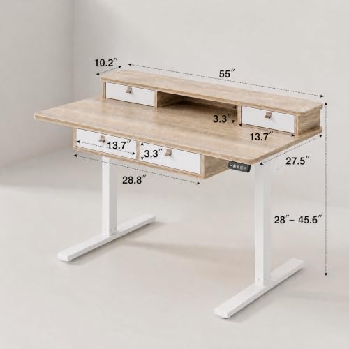 Grandder Electric Standing Desk with Four Drawers, Sit to Stand Up Height Adjustable Desk with Storage Shelf for Home Office, 55 * 28 Inch, Study, Ergonomic Adjustable Computer Desk, Maple - color: Maple With 4 Drawers, size: 55 Inch