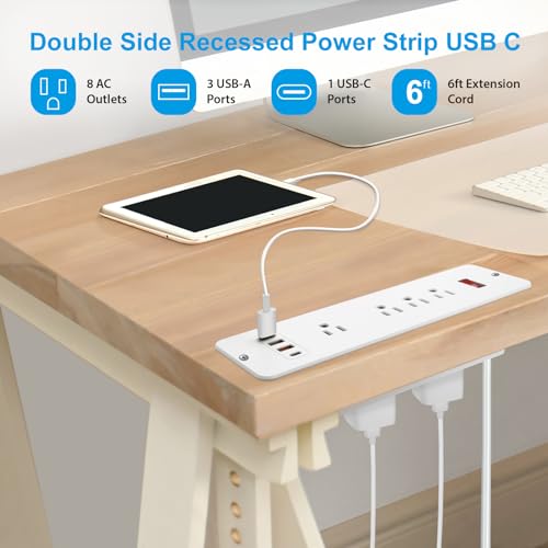 8 Outlets Dual Side USB C Recessed Power Strip Flush Mount Charging Station Built in Desk Multiple Power Socket for Furniture Cabinet Table Conference (White) - color: White