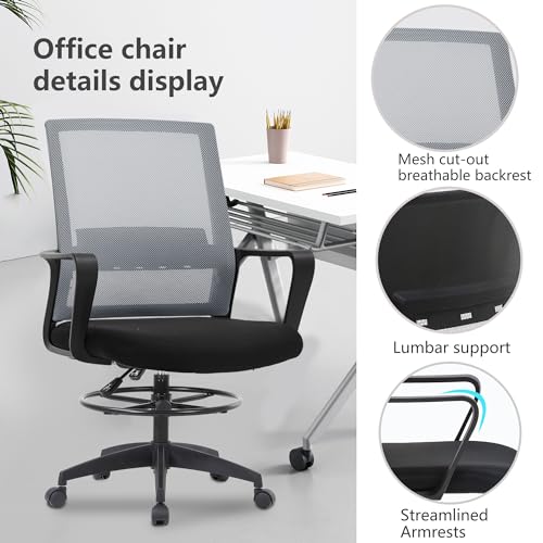 PayLessHere | Drafting Chair | Grey | Tall Office Chair with Adjustable Seat Height & Footrest, Ergonomic Mesh Back, Lumbar Support, 360 Degree Swivel Rolling Wheels | for Workspaces & Home Office - color: Grey
