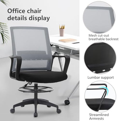 PayLessHere | Drafting Chair | Grey | Tall Office Chair with Adjustable Seat Height & Footrest, Ergonomic Mesh Back, Lumbar Support, 360 Degree Swivel Rolling Wheels | for Workspaces & Home Office - color: Grey