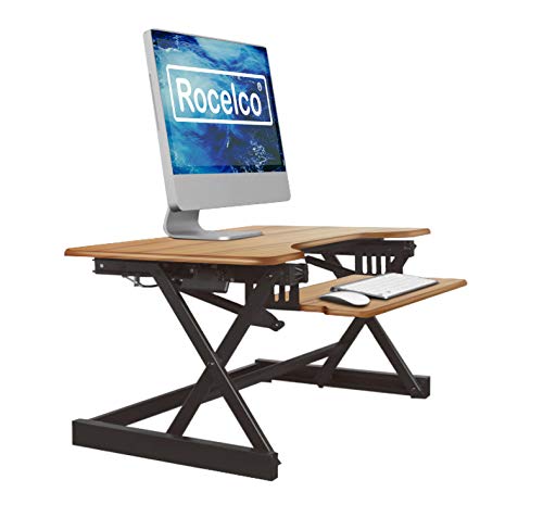 Rocelco 32" Height Adjustable Standing Desk Converter - Sit Stand Computer Workstation Riser - Dual Monitor Retractable Keyboard Tray Gas Spring Assist - Teak Wood Grain (R EADRT) - color: Teak/Black, size: 32", style: Riser Only