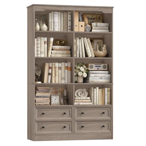 71" Tall Bookshelf with 4 Drawers Large Bookshelf Office Bookcase | 6-Tier Double Wide Bookshelves and Bookcases with Storage, Tall Bookshelf Standing Book Cabinet for Home Office, Ash Grey - color: Ash Grey