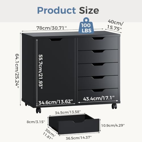 OLIXIS 5-Drawer Rolling Mobile File Cabinet Wood Printer Stand with Storage | Under Desk Storage with Locking Casters Adjustable Shelf, Wood Top 100 lbs Capacity for Home Office Organizer Compact, Black