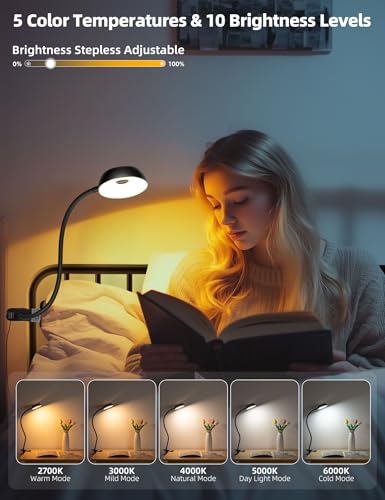 Clip on Light, LED Reading Light for Beds Headboards,5 Color Modes Dimmable | Clip on Light LED Reading Book Light with Clamp Eye-Friendly Desk Lamp Flexible Reading Lights for Books in Bed Bedside Black - color: Black