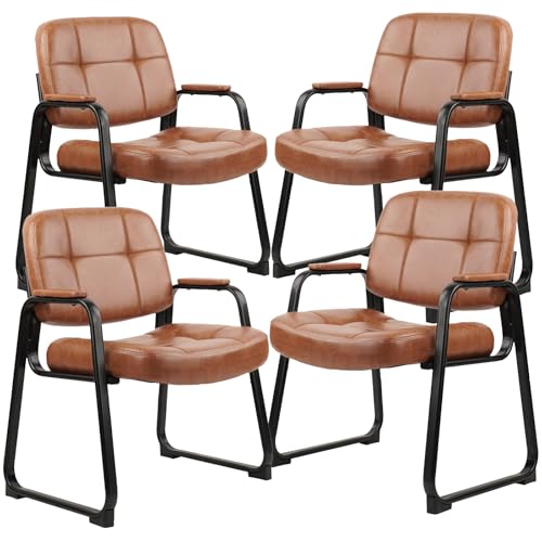 CLATINA Big Tall 400 lbs Waiting Room Chairs with Padded Arms Leather Guest Chair no Wheels for Office Reception Lobby and Conference Desk with Sled Base, Brown, 4PK - color: Brown, size: 4PK