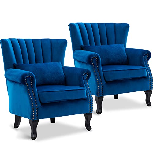 LZAREAL Accent Reading Arm Chairs Set of 2 Midcentury Modern Comfy Corner Sofa Chair, Wingback Waiting Room Club Chair with Tufted Back for Living Room/Bedroom/Reception Room, Velvet Blue - color: Blue, size: 2 Chairs