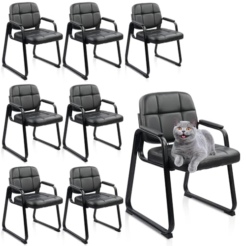 CLATINA Waiting Room Guest Chair, Leather Stationary Office Reception Chairs No Wheel, Comfy Padded Arms and Seld Base, for Conference Room Lobby Home Computer Desk Bedroom Elderly, Black 8 Pack - color: Inky, size: 8 Pack