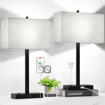 21" Touch Bedside lamps with 2 USB & AC Outlets, 3-Way Dimmable Bedside Table Lamps Set of 2 for Bedroom Living Room Office Reading, Gray Shade Lamps for Night Stands, 5000K LED Bulbs Included - color: Gray Linen & Matte Black