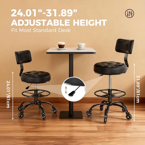 Office Drafting Chair with Footrest, Tall Height Adjustable Stool with Back Support, Heavy Duty Rolling Stool Chair with Wheels for Office Home Kitchen Bar Shop Guitar Studio Vanity, Black - color: Black