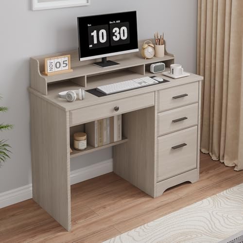 Small Desk with 4 Drawers, Computer Desk with File Drawer and Monitor Stand - color: Milky White