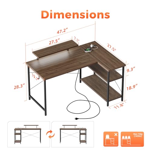 Mericonia 55 in L Shaped Gaming Desk, Large Corner Desk with Monitor Stand - color: Walnut, size: 55 inch