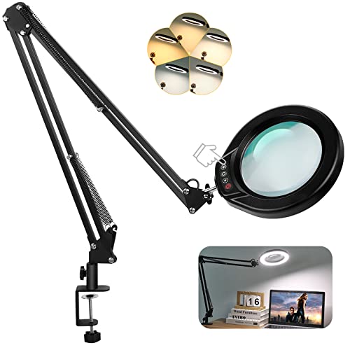 VEEMAGNI 5 Inch Large Magnifying Glass with Light and Stand, 5 Color Modes Stepless Dimmable, 2*16 Inch Swivel Arm LED Clamp Desk Lamp, Hands Free 15X Lighted Magnifier for Close Work Crafts Soldering - color: Black, size: 15X