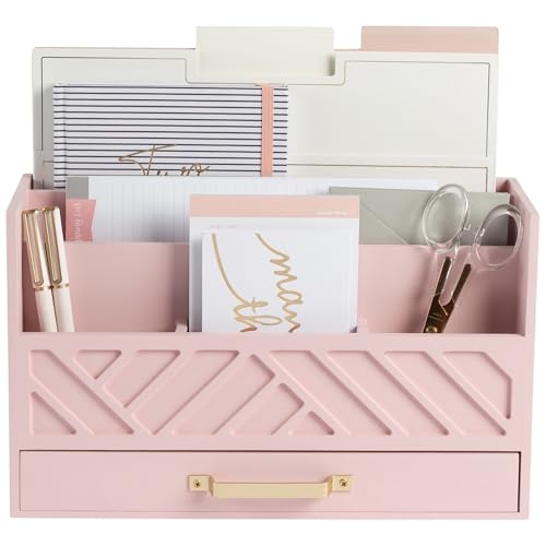 BLU MONACO | Pink Desk Organizers Wooden Mail Organizer with Drawer | Mail Sorter Organizer Countertop Gold Handle | Desk Organizers and Accessories Pink Office Storage - color: Pink