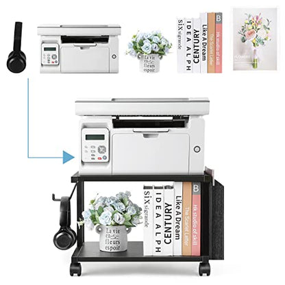 BTY Under Desk Printer Stand Small Printer Table with Storage 2 Tier Printer Cart with Wheels Desktop Printer Stands for Office Home Scanner Printer (Black) - color: Black