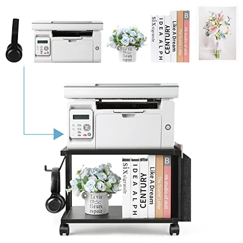 BTY Under Desk Printer Stand Small Printer Table with Storage 2 Tier Printer Cart with Wheels Desktop Printer Stands for Office Home Scanner Printer (Black) - color: Black