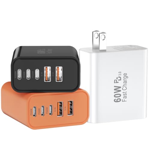USB C Fast Wall Charger Block, 3Pack 60W USBC Charging Cubes, 5-Port PD+QC Power Adapter Multiport Brick Type C Box Plug for Phone 17/16/15/14/13/12/11/Pro Max/Plus, Pad Mini/Pro/S25/S24 - color: White+Black+Orange