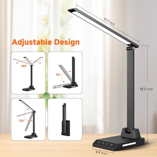 ShineTech LED Desk Lamp for Home Office, Foldable Reading Lamp with Adapter | Foldable, 25 Lighting Modes and Dimmable, Touch Control, Eye-Caring LED Light for Bedroom Nighstand with Small Night Light - color: Black