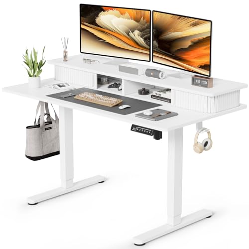 JOY worker 48" Electric Adjustable Standing Desk with Storage Monitor Stand | White Computer Desk Height Adjustable with Storage Shelves, Spacious Woskstation, Sit Stand Desk with 2 Hooks, Home Office - color: White, size: 48inch