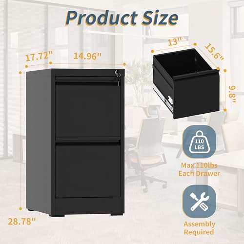 2 Drawer File Cabinet with Lock, Vertical Filing Cabinets for Home Office, Metal Storage Cabinets, Heavy Duty File Cabinet for Letter/Legal/A4/F4 Size Amsseble Required, Black - color: Black, size: 2 Drawers-Letter/Legal/A4/F4