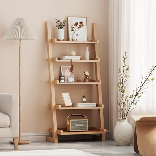 AQIMUELE Wooden Ladder Shelf with Edges, 5-Tier Modern Leaning Bookshelf Ladder – Stylish Space-Saving Bookcase for Living Room, Bedroom & Home Office - color: Natural, size: 5-Tier
