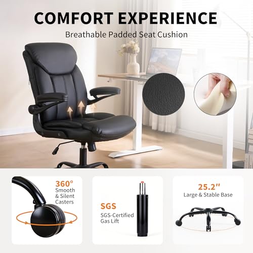 Ergonomic Home Office Chair PU Leather Comfy Computer Chair, Black | Flip-up Armrest, Height Adjustable, Lumbar Support, 360° Swivel Wheels Managerial Executive Chairs for Work Gaming Home Use - color: Black