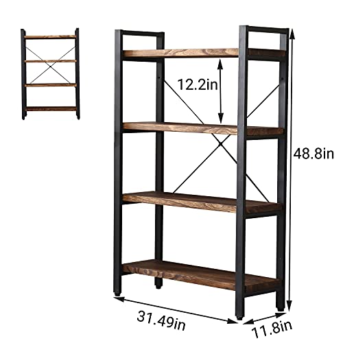 WH-AOERPUMY Solid Wood Bookshelf,4 Tier Rustic Vintage Industrial Etagere Bookcase, Open Metal and Wood Vintage Book Shelf, Retro Brown (RealWood)(4-Tier) - size: 4-Tiers-RealWood