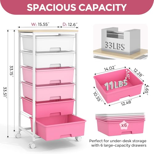 6 Drawer Rolling Storage Cart with Wooden Top and Wheels for Crafts, Pink - color: Pink