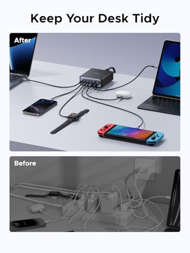 UGREEN 100W USB C Charging Station, 6-Port GaN Desktop Charger with 4 USB-C & 2 USB-A, Smart Power Distribution for MacBook Pro/Air, Dell XPS, iPad, iPhone 17/16/15, Galaxy S25/S24, Pixel 10/9
