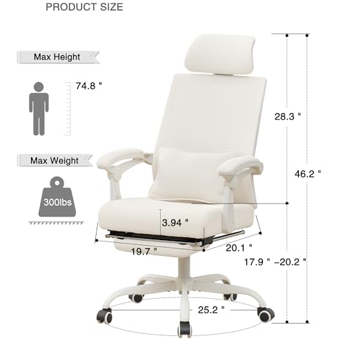 Qulomvs Ergonomic Office Chair with Footrest Home Office Desk Chair with Headrest and Backrest Adjustable Mesh Computer Desk Chair with Wheels 360 Swivel Task Chair - color: Cream White(upgrade Comfort With Pillow)