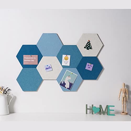 LAJAR 8 Pcs Self Adhesive Large Felt Bulletin Board Tiles | Hexagon Color Felt Pin Board Wall Tiles for Photos, Pictures, Memos - color: Cyanine