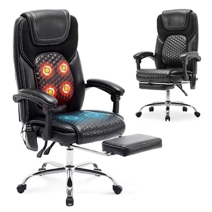 MALOL Massage Office Chair with 3-Level Heat and Footrest – 20-Min Easy Assembly, 300 lbs Big and Tall Reclining Desk Chair, PU Leather Ergonomic Executive Computer Chair with Side Pocket, Black - color: Black, size: Set of 1, style: Modern
