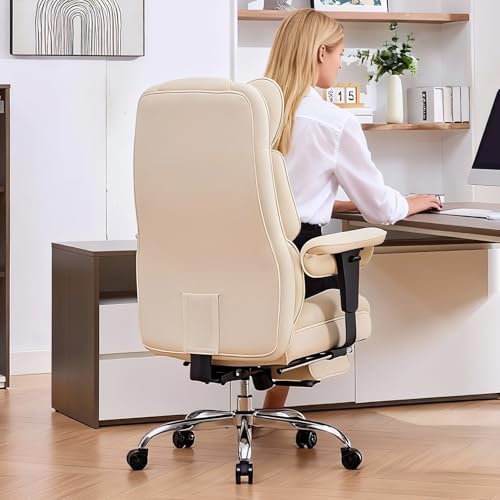 Efomao Executive Office Chair, Beige Fabric Big and Tall Desk Chair | Breathable fabric, pocket spring & foam seat, retractable footrest, 135° recline for computer gaming setup - color: 3084mus-beige