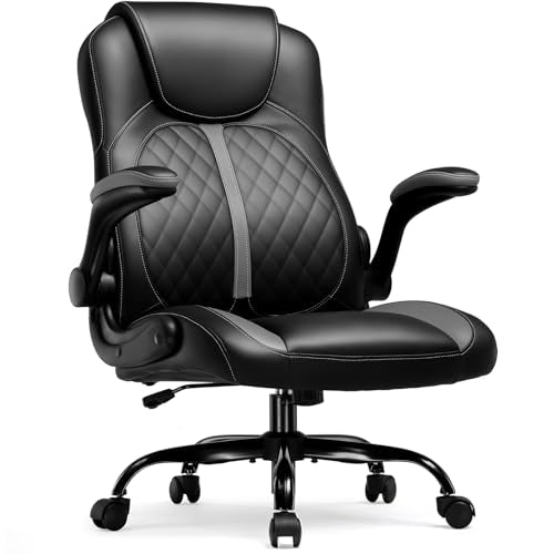 COMHOMA Office Computer Gaming Chair Ergonomic Desk Chair for Adults with Lumbar Support Flip-Up Arms Adjustable Height Swivel Wheels PU Leather Executive Design for Short People Use, Gray - color: Grey