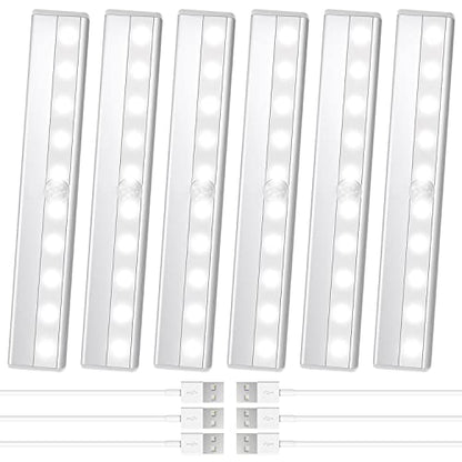 6 Pack Motion Sensor Closet Lights, 10 LED Stick-on Anywhere Magnetic Portable Wireless LED Under Cabinet Lights, Rechargeable Battery Night Light Bar for Closet Kitchen Hallway Stair - size: 6 Pack