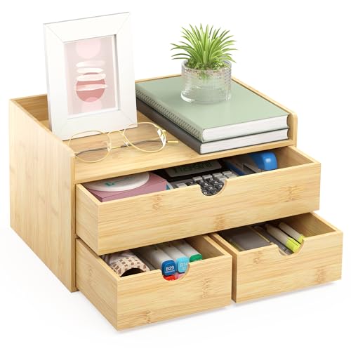 Wisuce Bamboo Desk Organizer - Mini Bamboo Desk Drawer Tabletop Cosmetic Storage Organization for Office or Home (Nature 3 Drawers) - color: Nature 3 Drawers