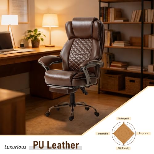 500 lbs Office Chair with Foot Rest, Reclining Executive Chair Brown | Big & Tall Computer Desk Chair, PU Ergonomic Lumbar Support, Thicker Pocket Spring Cushion, High Back - color: Brown