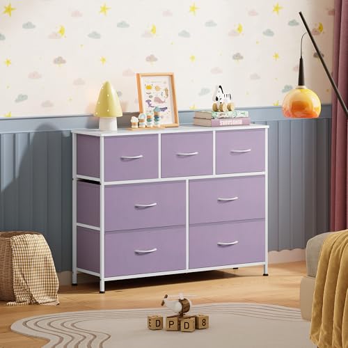 WLIVE 7 Drawer Dresser TV Stand, Entertainment Center, Media Console Table with Metal Frame and Wood Top for TV up to 45 inch, Chest of Drawers for Bedroom, Living Room, Purple - color: Purple