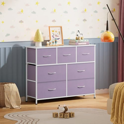 WLIVE 7 Drawer Dresser TV Stand, Entertainment Center, Media Console Table with Metal Frame and Wood Top for TV up to 45 inch, Chest of Drawers for Bedroom, Living Room, Purple - color: Purple
