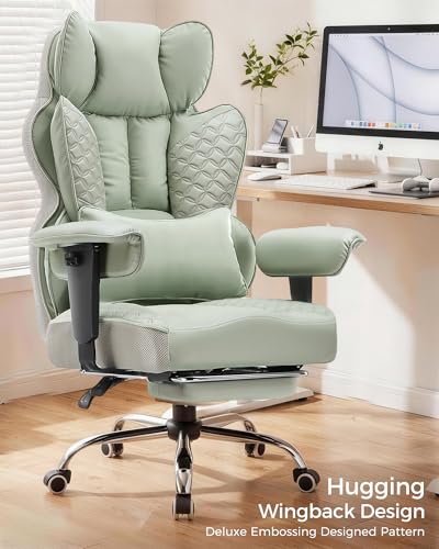 COMHOMA Big and Tall Office Chair Heavy Duty Gaming Chair with Deluxe Embossing Leather High Back Wider Ergonomic Computer Chair with Foot Rest 145°Reclining Pocket Spring Lumbar Support - color: Sage Green