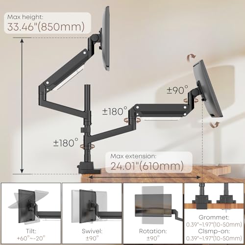 24-57 inch Dual Vertical Monitor Mount, Weight up to 59.4 lbs, Black | Premium Aluminum, Extra Tall/Wide Adjustable, Heavy Duty Desk Monitor Arm for 2 Monitors, VESA 75x75-200x200 mm - size: Dual